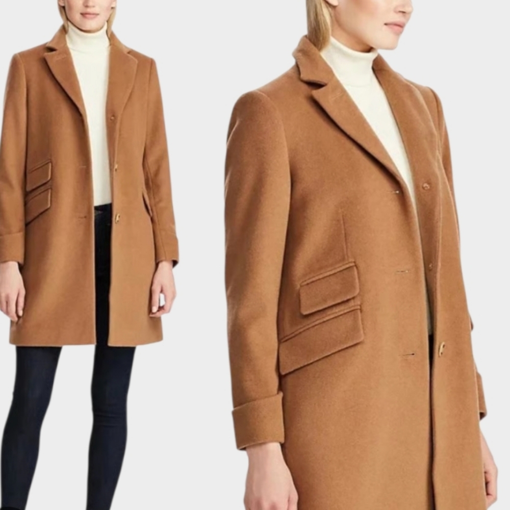 LRL Ralph Lauren Single Breasted Camel Wool Blend Walker Coat Women's Size 4